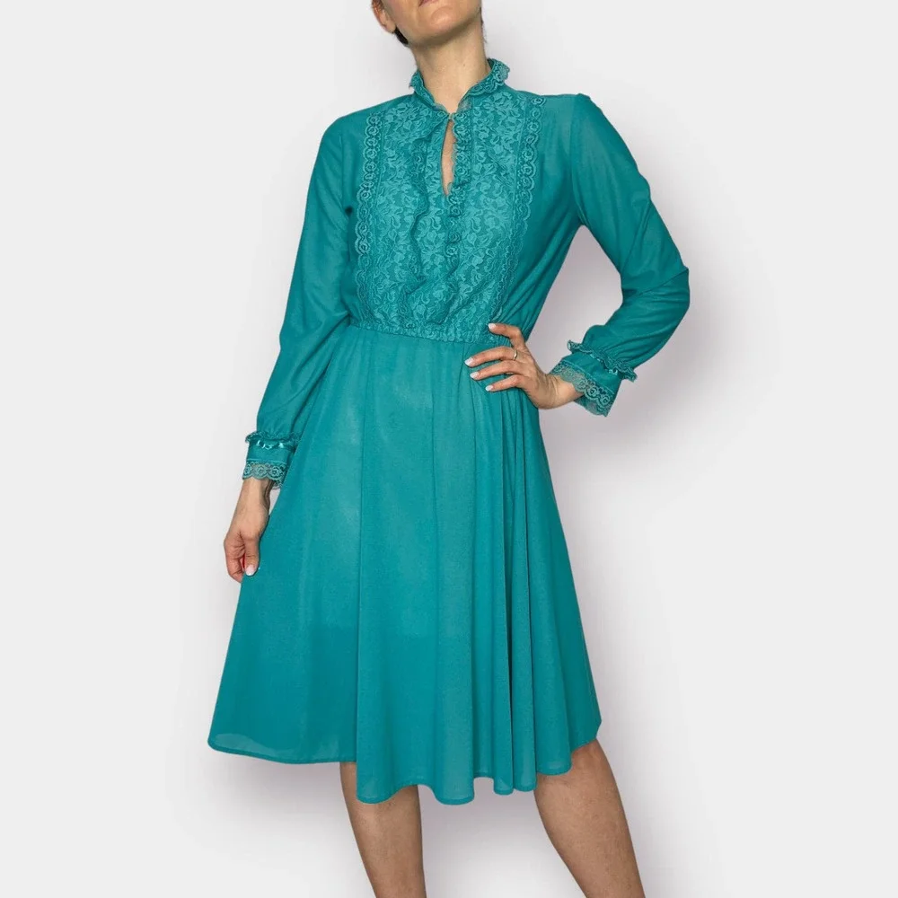 80s Jane Baar Teal Day‎ Dress with Lace Trim